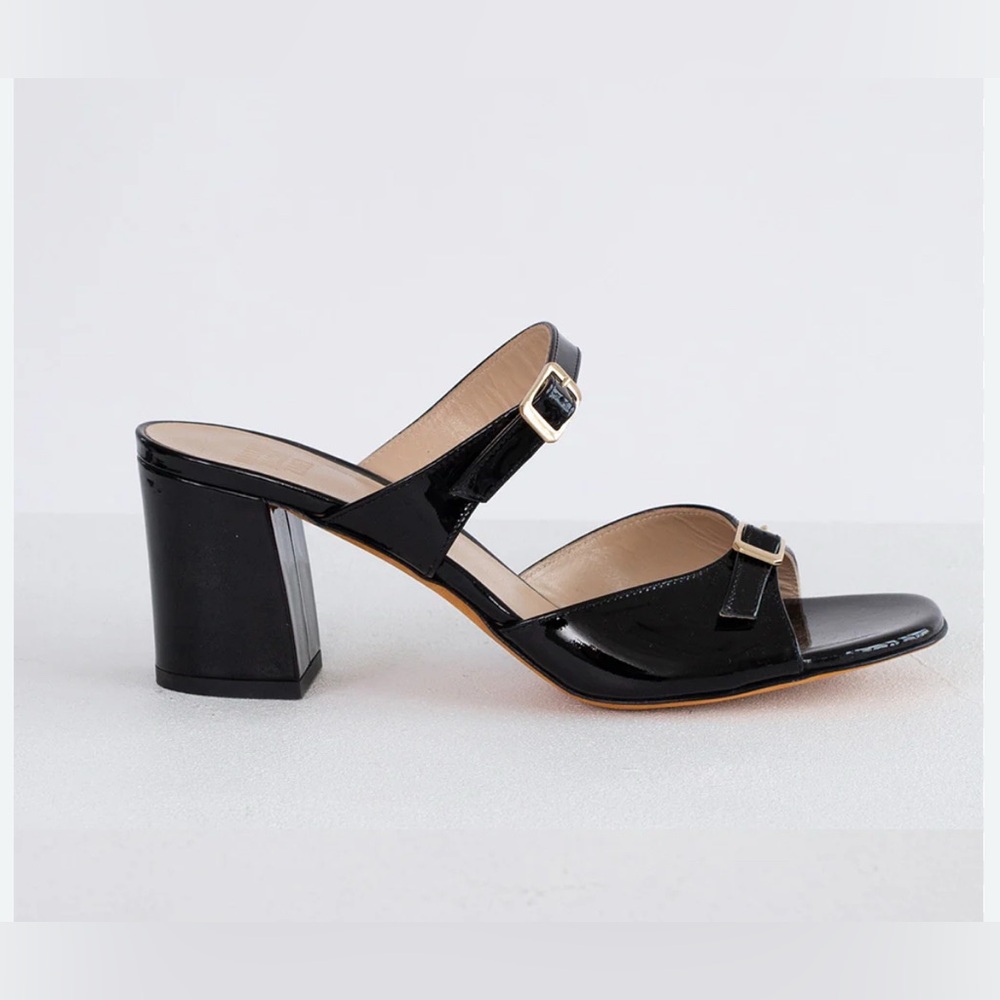 Black Patent Block Una Heeled Sandals -